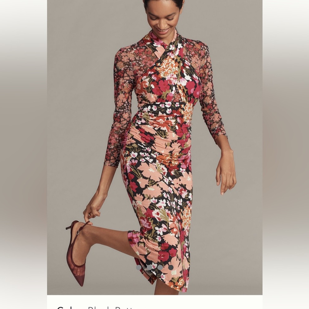 Anthropologie Floral Twist-Neck Sheath Dress in Pink, Burgundy, Cream